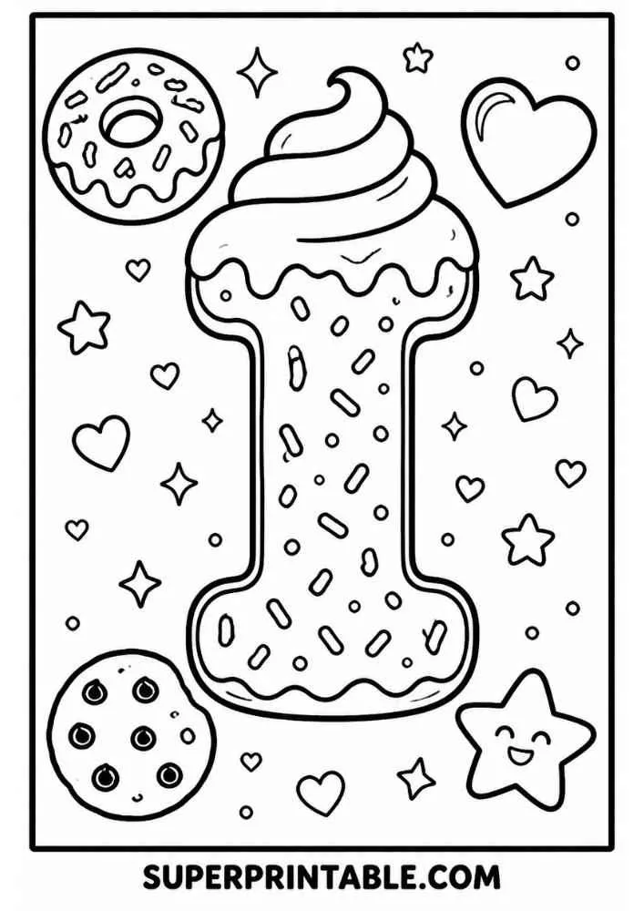 Letter I donut with donut, cookie, smiling star, hearts, and sprinkles.