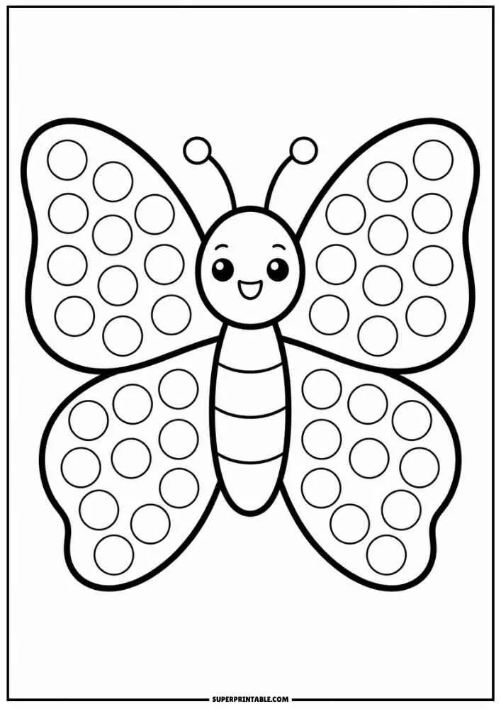 A smiling butterfly with large wings filled with round dot spaces.