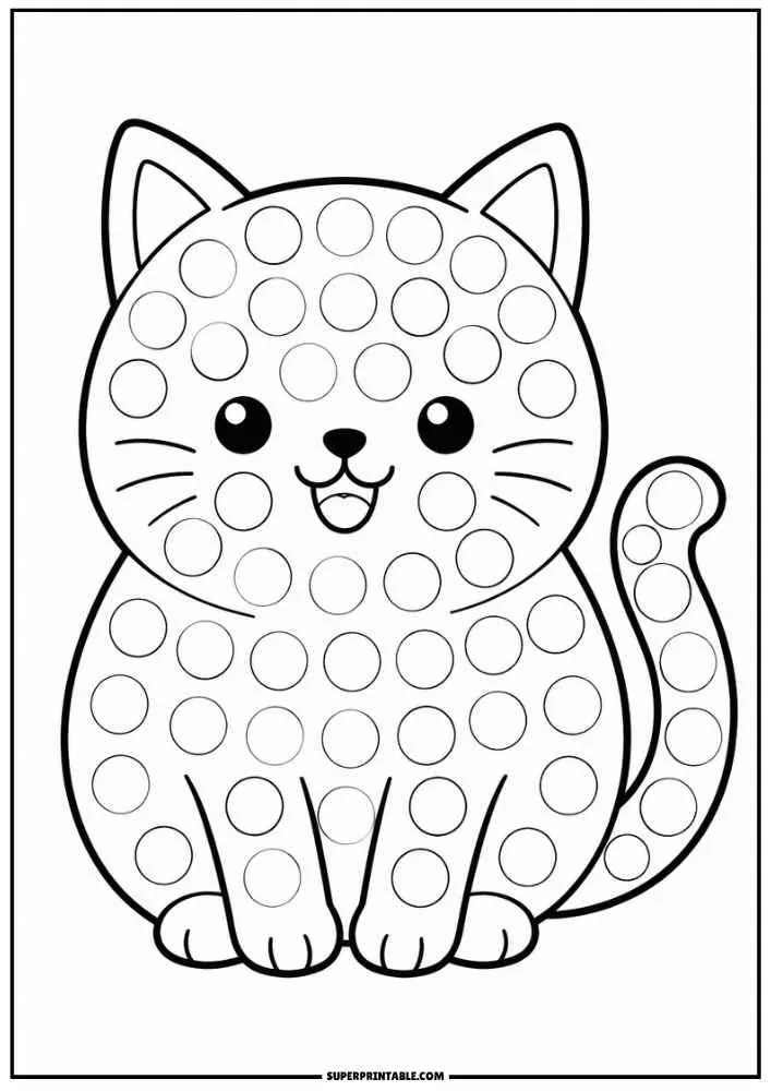 A smiling cat with dot circles across its body and tail.