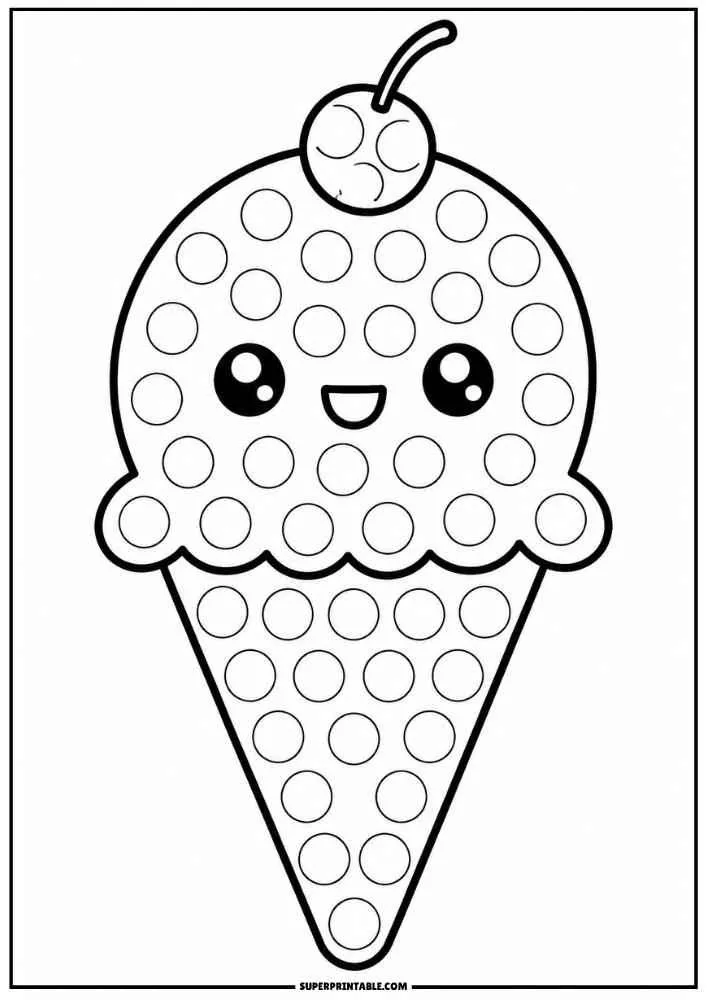 A smiling ice cream cone with a cherry and dot circles.