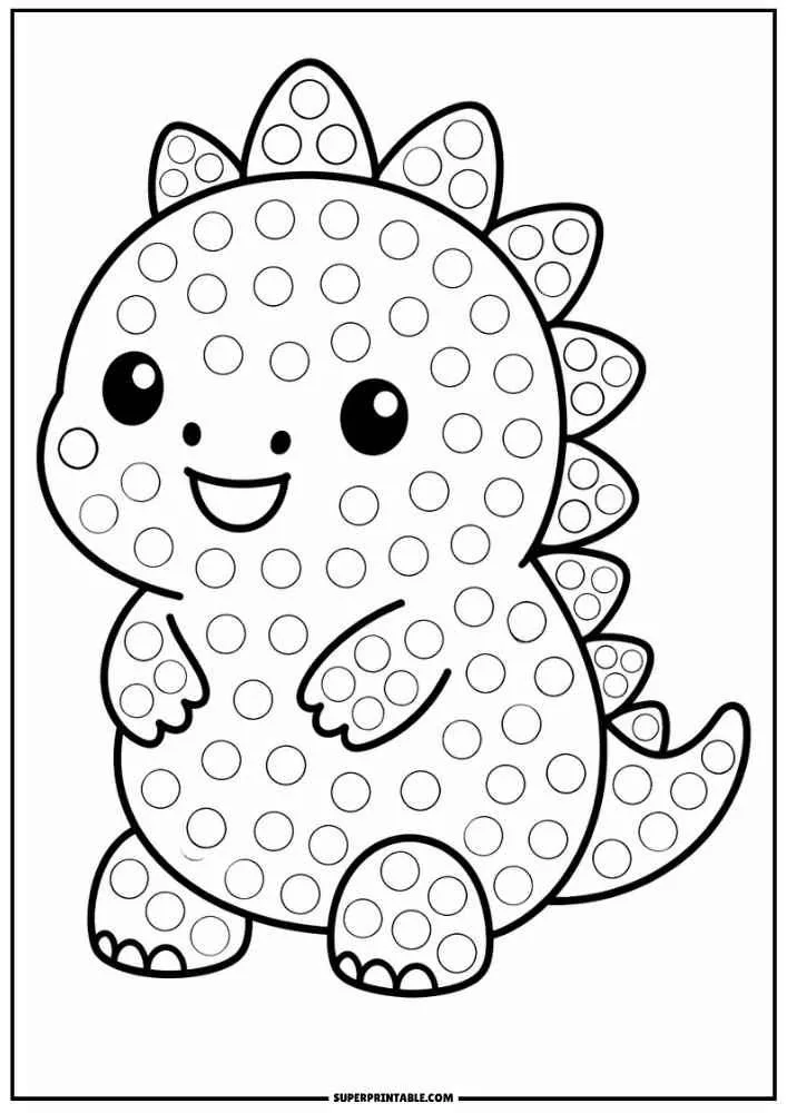 A smiling dinosaur with back spikes and dot circles across its body.