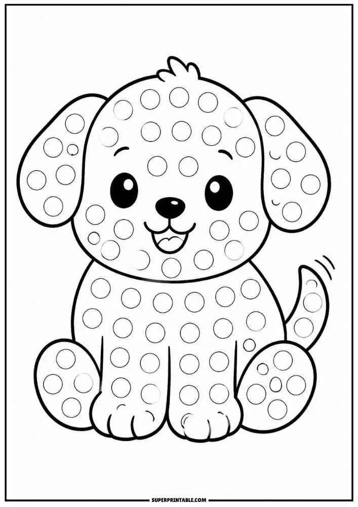 A smiling puppy with floppy ears and dot circles across its body.