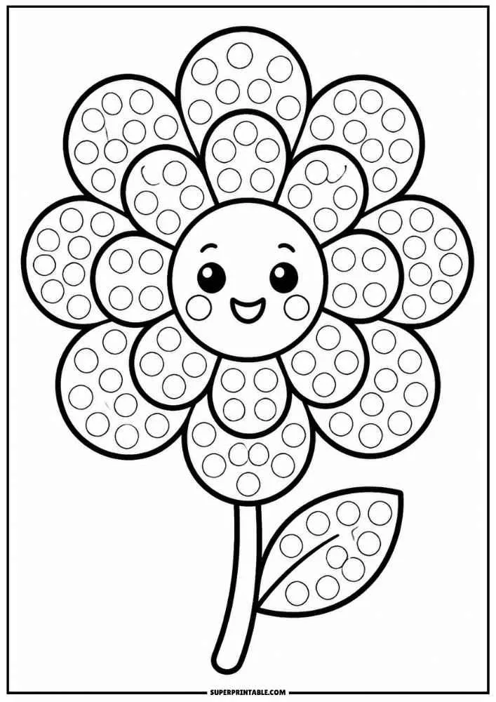 A smiling flower with dot circles on petals and one leaf.