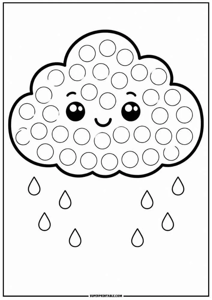 A smiling cloud with dot circles and falling raindrops.
