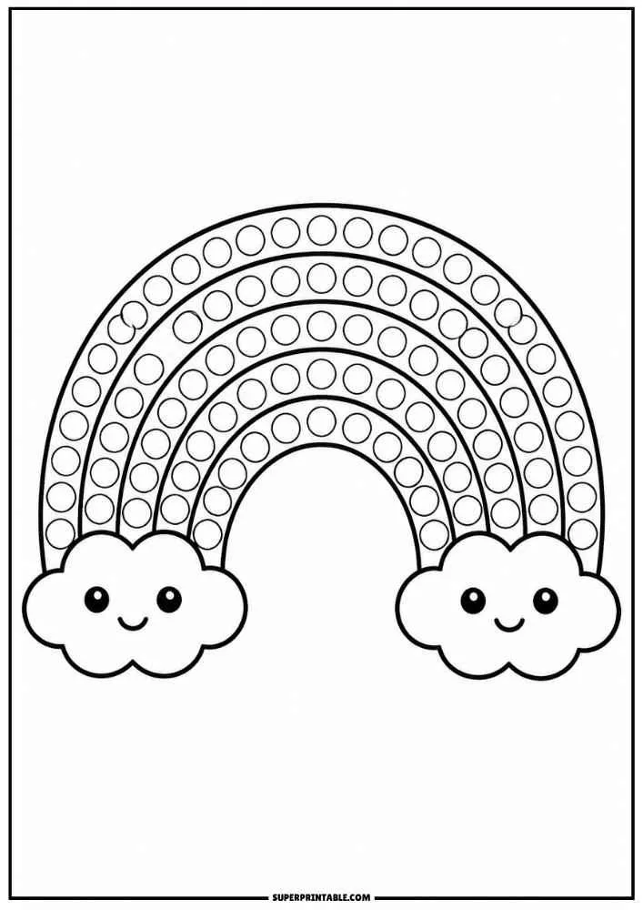 A rainbow with smiling clouds and dot circles on each band.