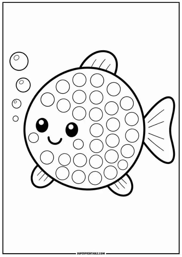 A smiling fish with bubbles and dot circles across its body.
