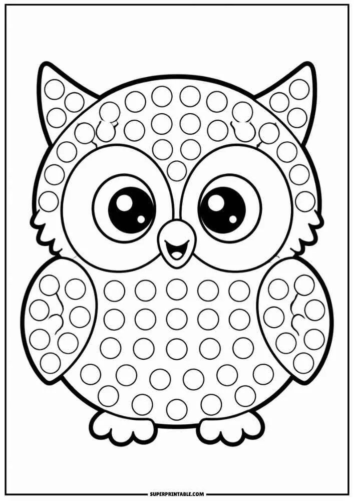 A cute owl with large eyes and dot circles across its body.