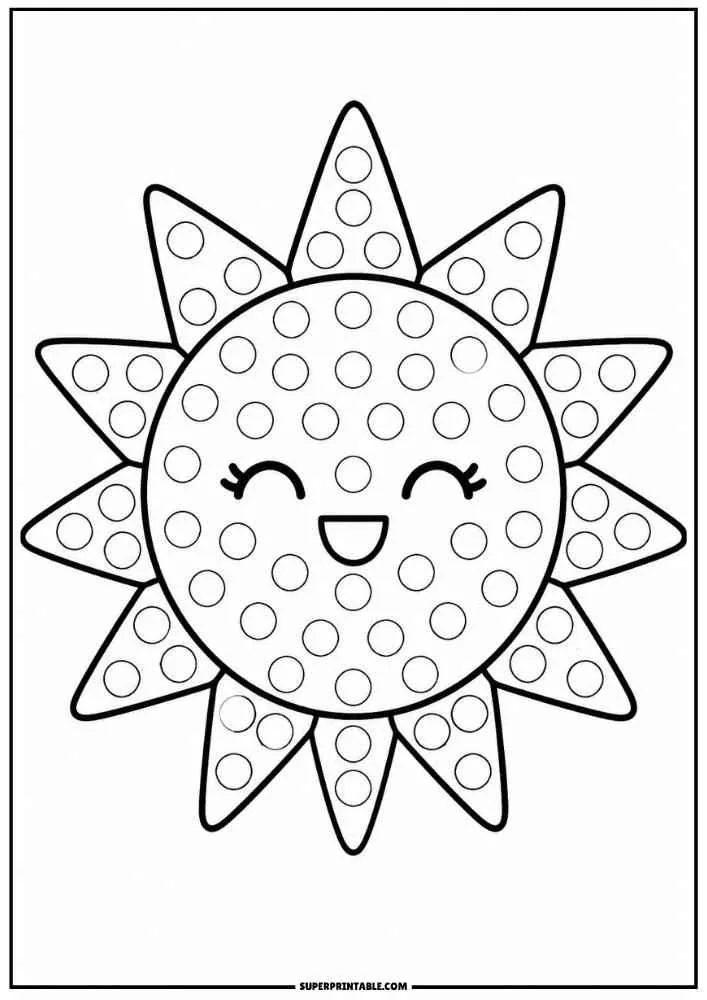 A smiling sun with dot circles across the face and sun rays.