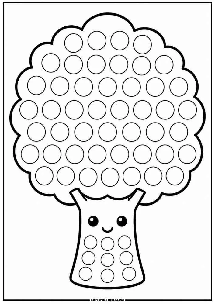A smiling tree with a round leafy top covered in dot circles.