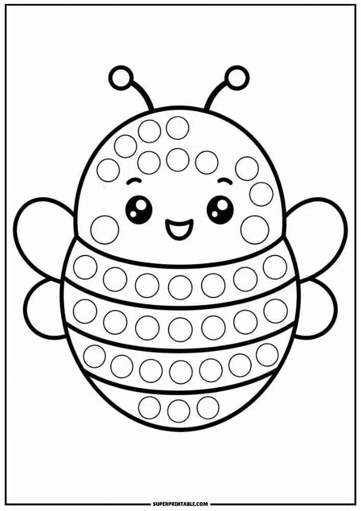 A smiling bee with wings and dot circles across its body.