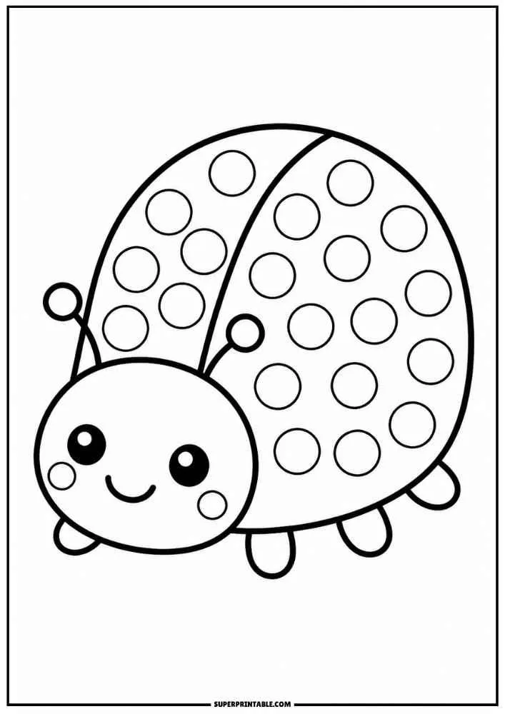 A smiling ladybug with round spots and dot circles on its shell.