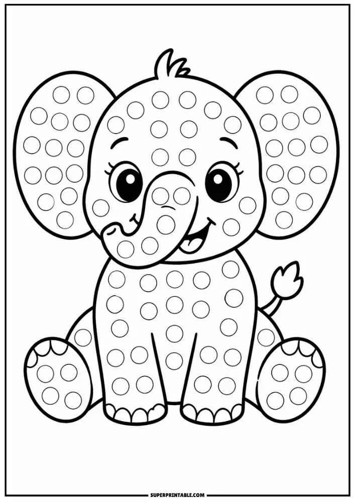 A smiling elephant with dot circles across its body and ears.