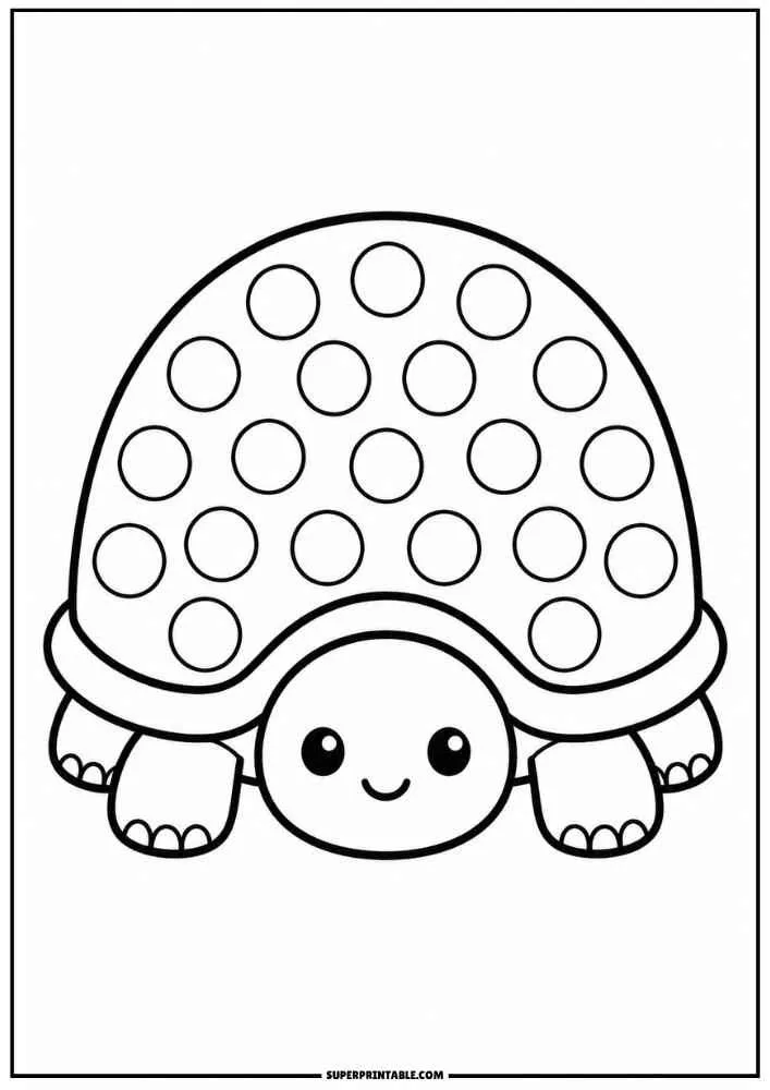 A smiling turtle with a large shell covered in dot circles.