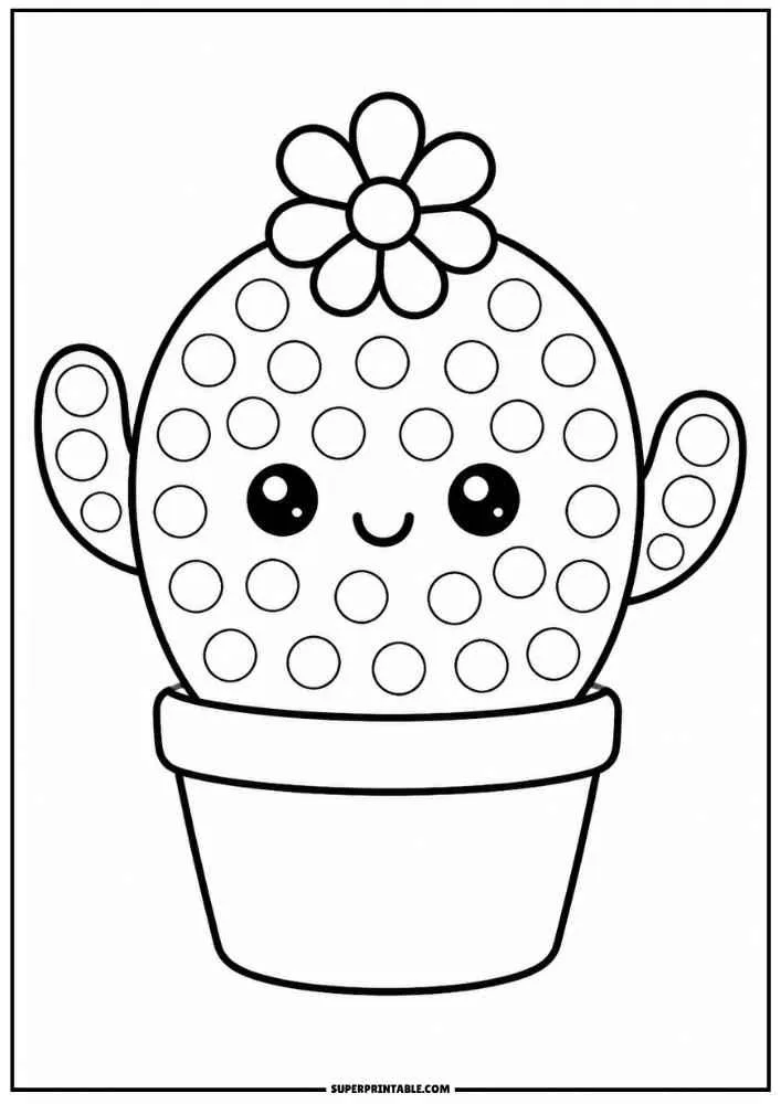 A smiling cactus in a flower pot with dot circles and a flower.