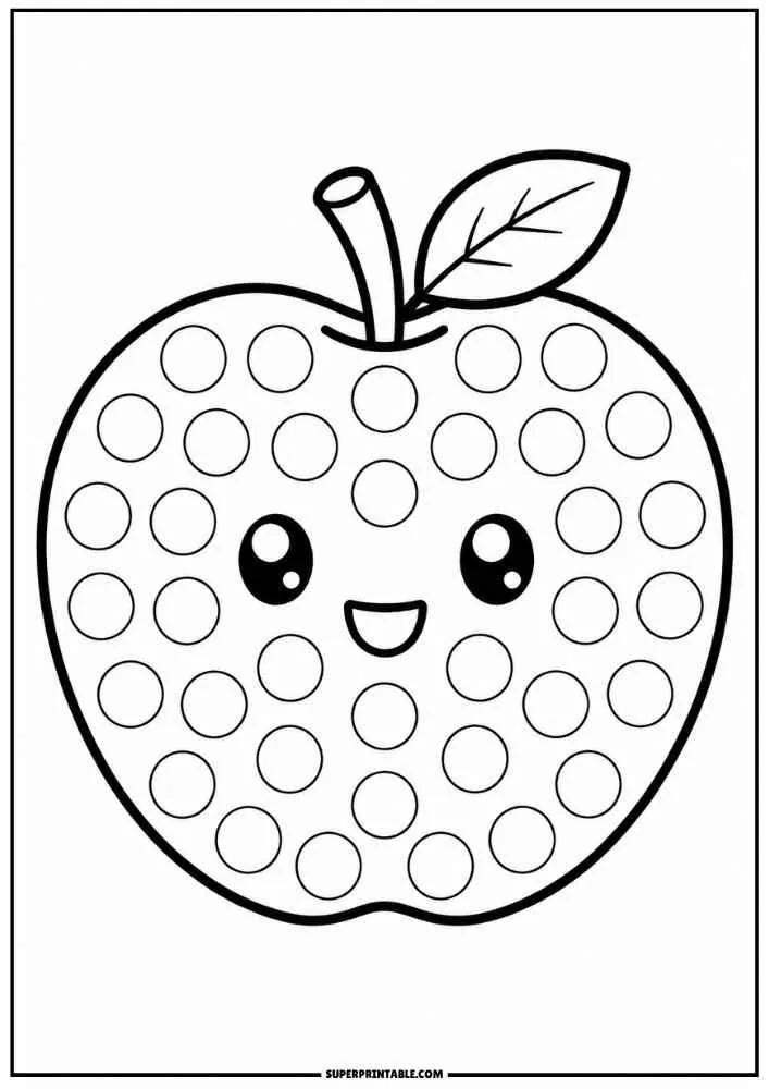 A smiling apple with a leaf and dot circles across the fruit.