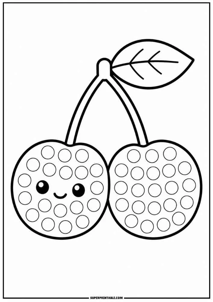 Pair of cherries with leaf and dot marker circles.