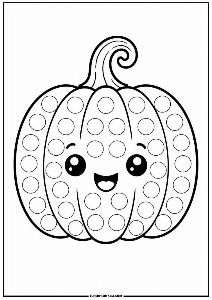 Smiling pumpkin with dot marker circles and curly stem.