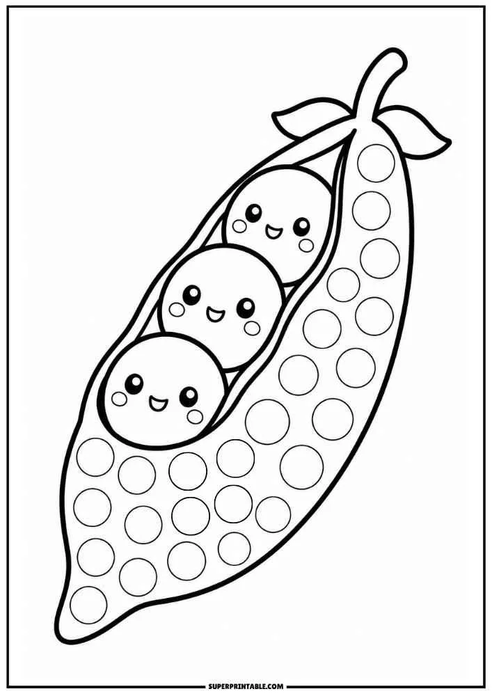 Open pea pod with three smiling peas and dot marker circles.