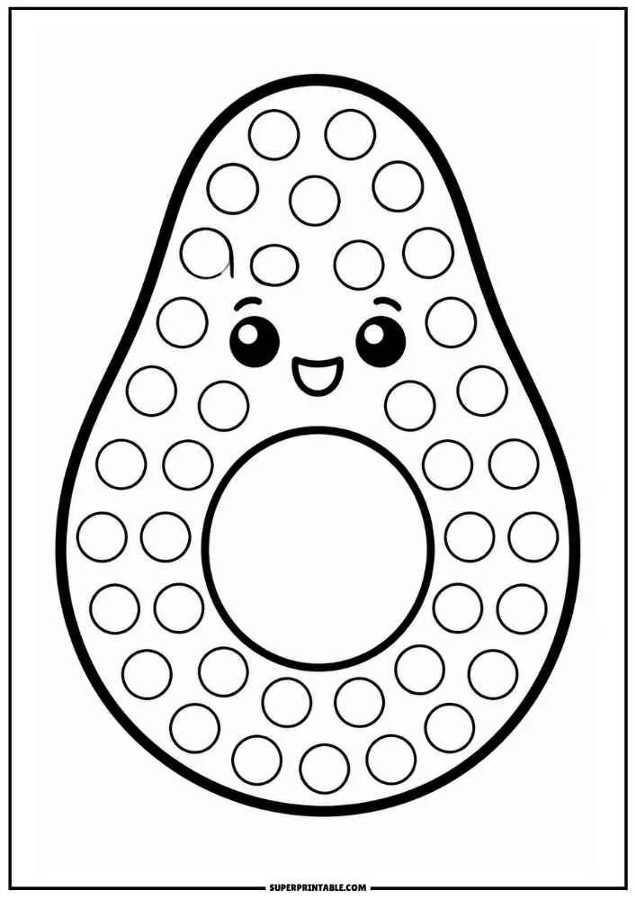 Smiling avocado with large seed and dot marker circles.
