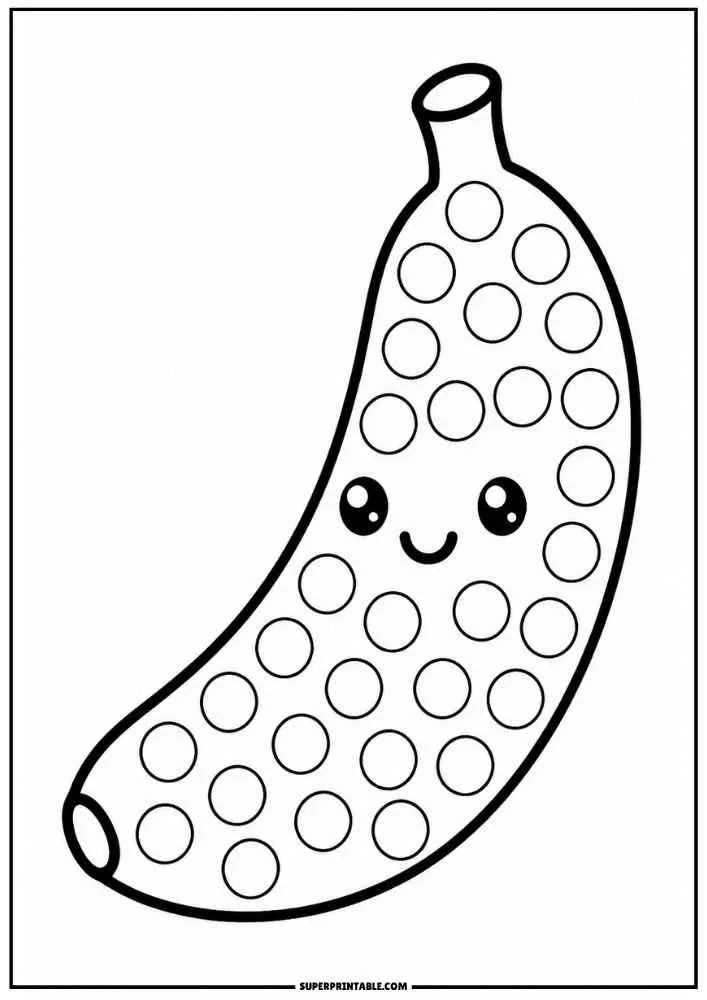 Smiling banana with dot marker circles on a black and white worksheet.