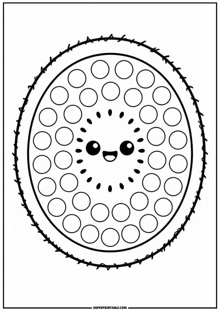 Smiling kiwi slice with center seeds and dot marker circles.