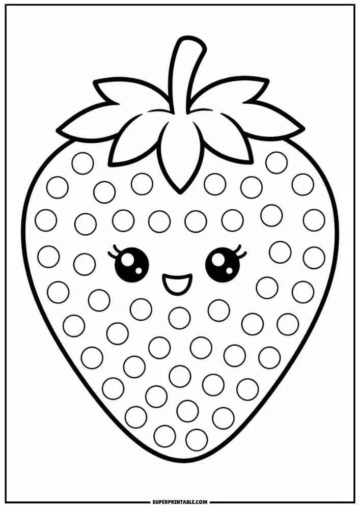 Smiling strawberry with dot marker circles and leafy top.