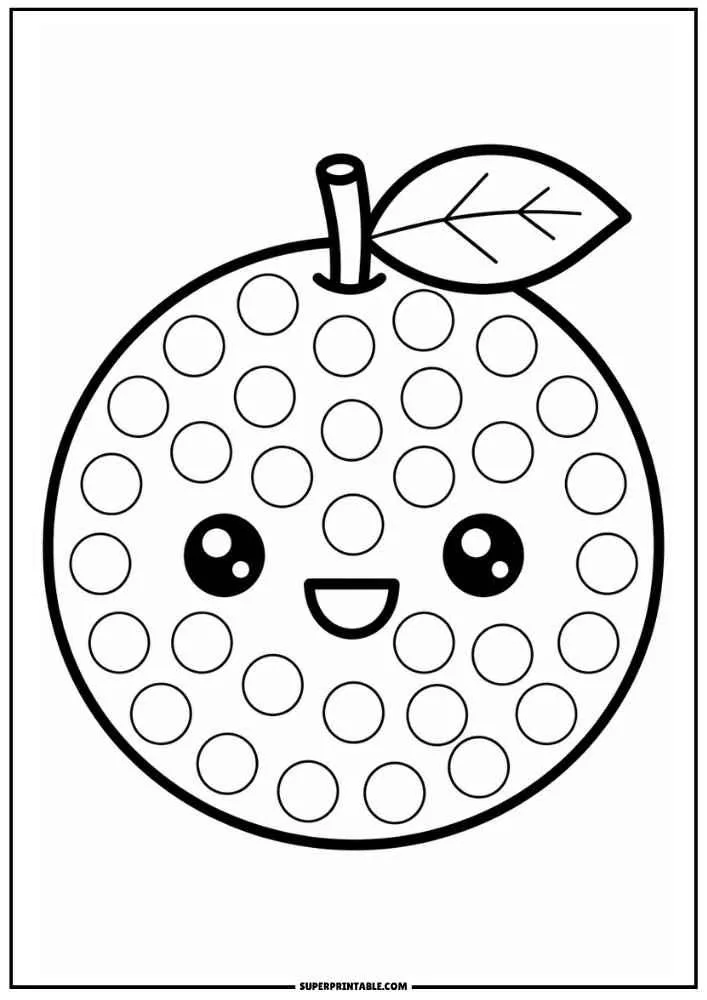 Smiling orange with a leaf and dot marker circles.