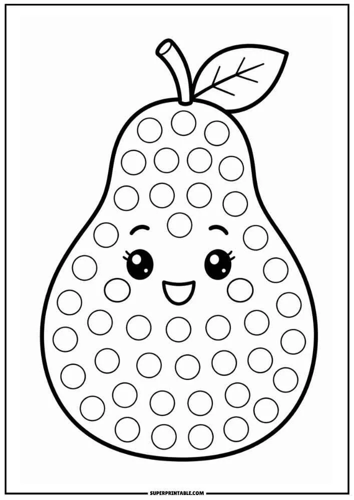 Smiling pear with a leaf and dot marker circles.