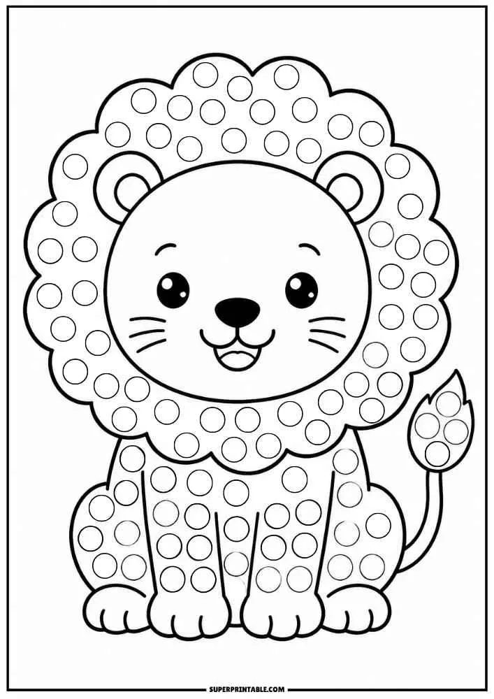 Smiling lion with a fluffy mane covered in dot marker circles.