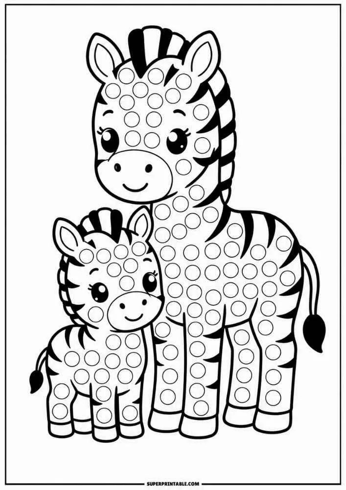 Mother zebra and baby zebra with dot marker circles.