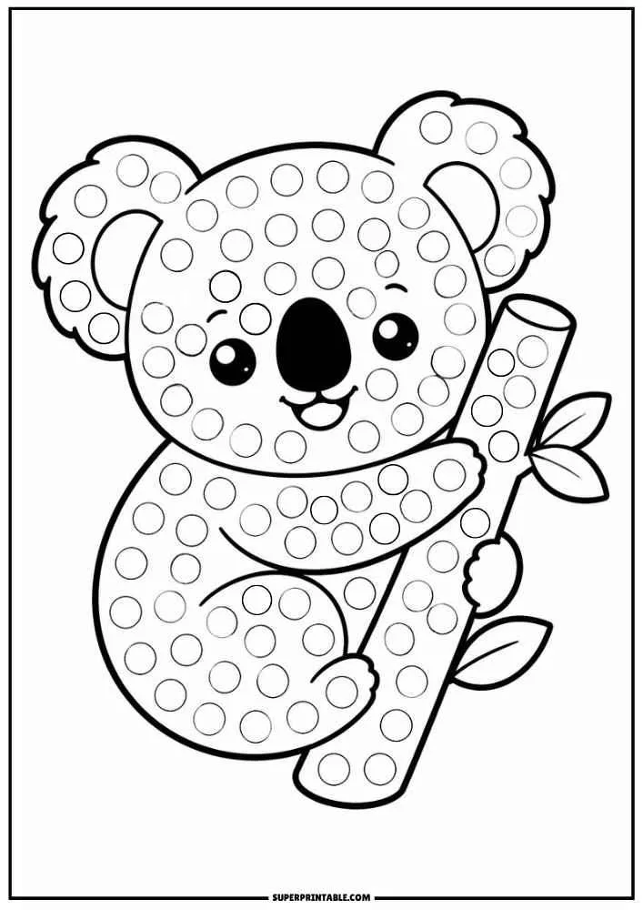 Koala hugging bamboo with dot marker circles.