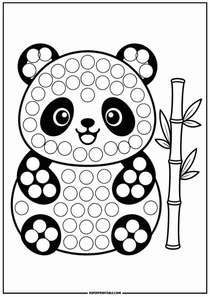 Cute panda beside bamboo with dot marker circles.