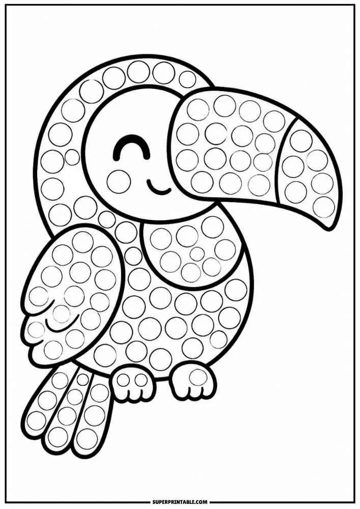 Smiling toucan with a large beak and dot marker circles.