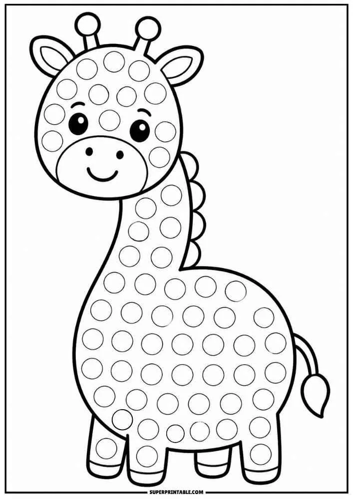 Smiling giraffe with dot marker circles on its body.