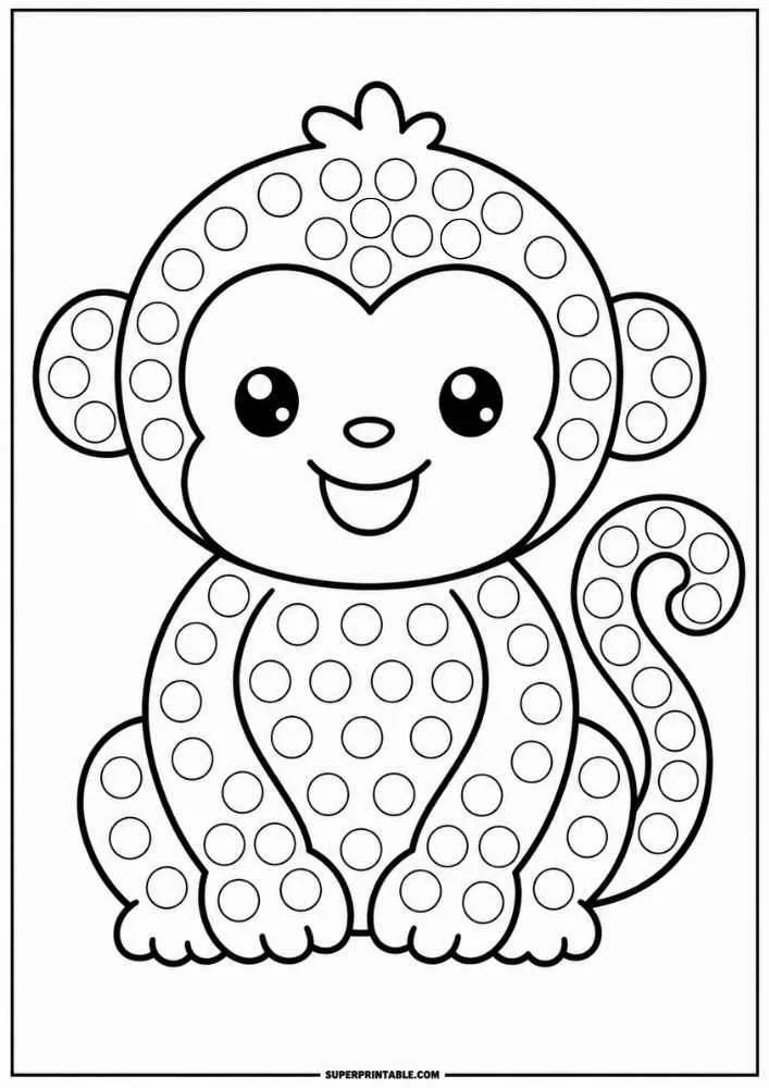 Smiling monkey with a curly tail and dot marker circles.