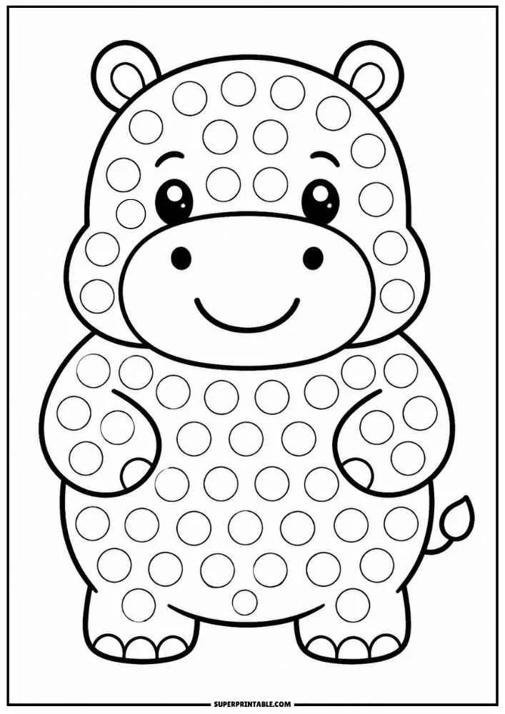 Smiling hippopotamus with dot marker circles on its body.