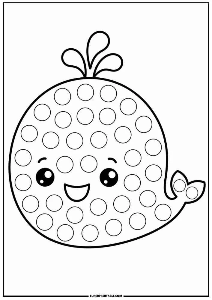 Smiling whale with dot marker circles and a splash on top in a black and white worksheet.