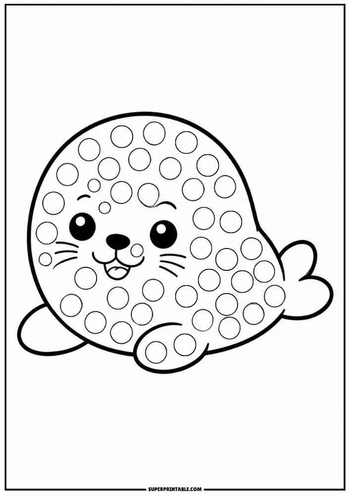 Smiling baby seal with dot marker circles on a black and white page.