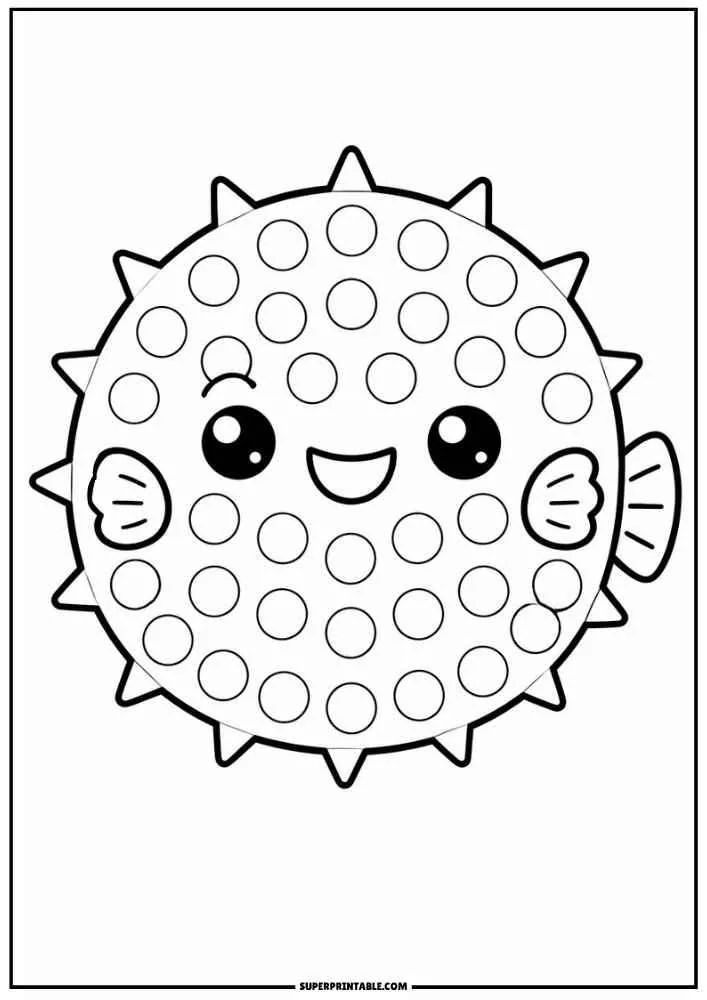 Happy pufferfish with spikes and dot marker circles.
