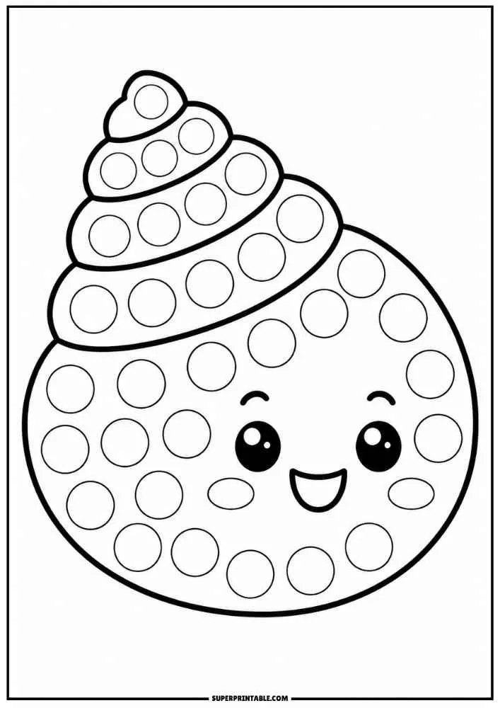 Smiling spiral seashell with dot marker circles.