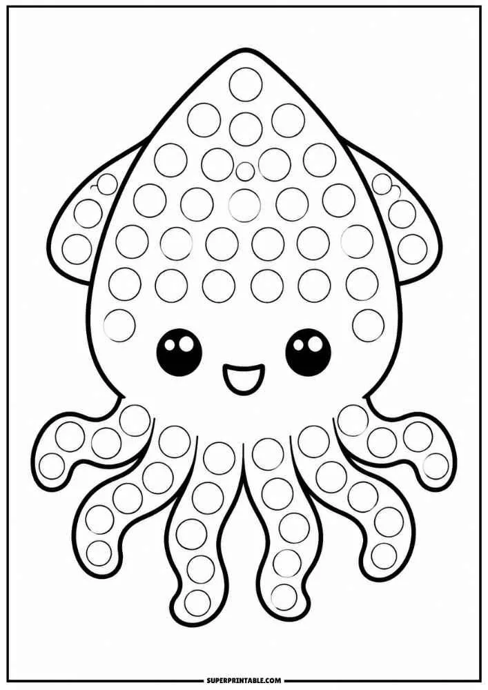 Cute squid with dot marker circles and waving tentacles.