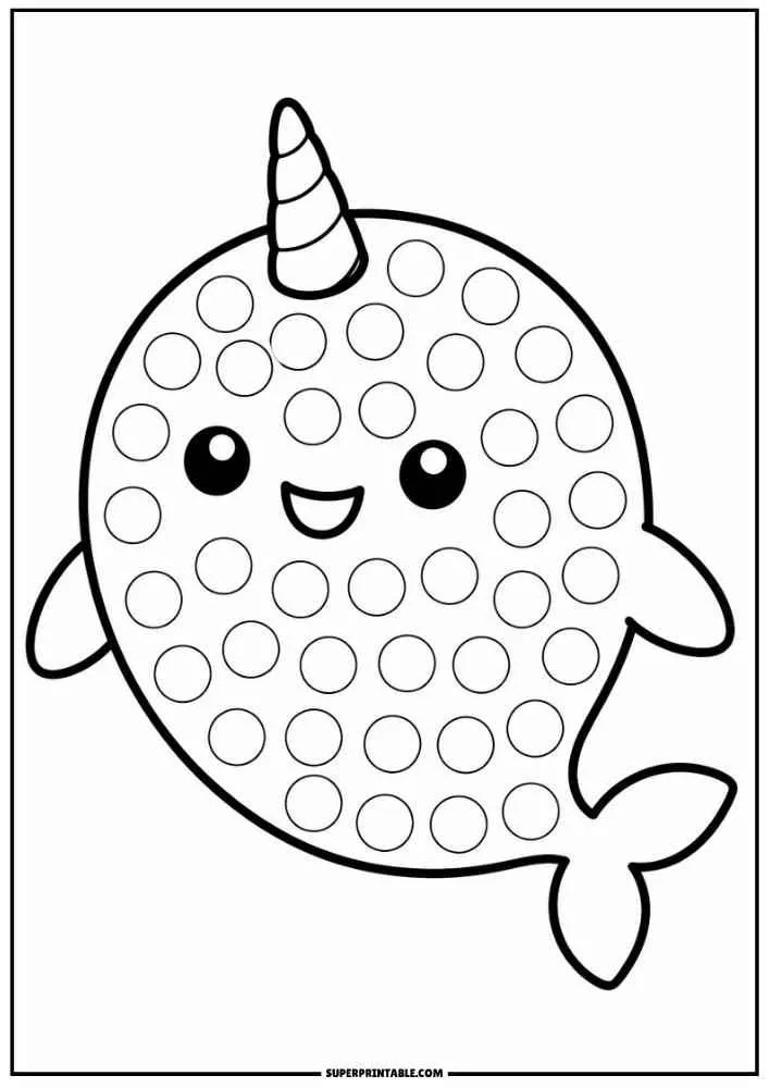 Smiling narwhal with a spiral horn and dot marker circles.