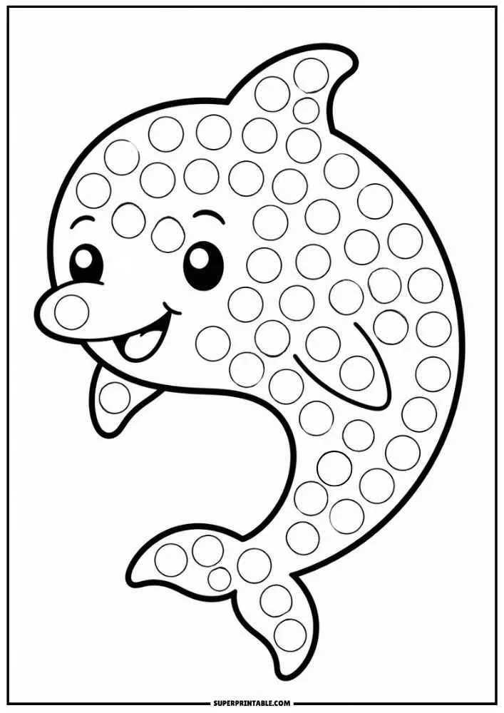 Cute dolphin with dot marker circles on a black and white worksheet.