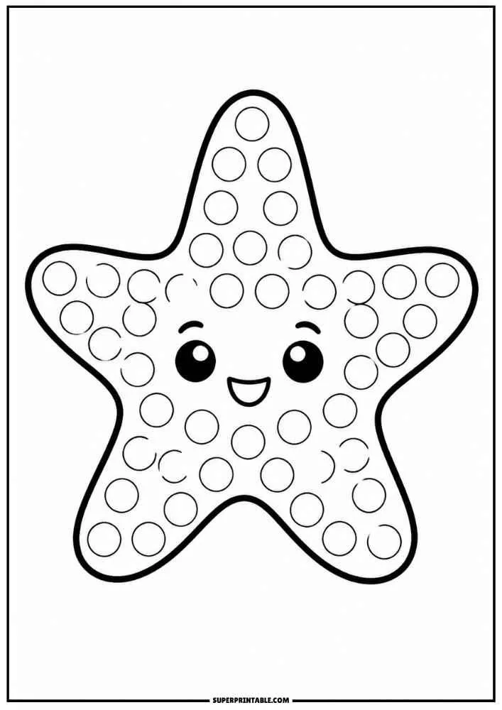 Cute smiling starfish with dot marker circles on a black and white page.
