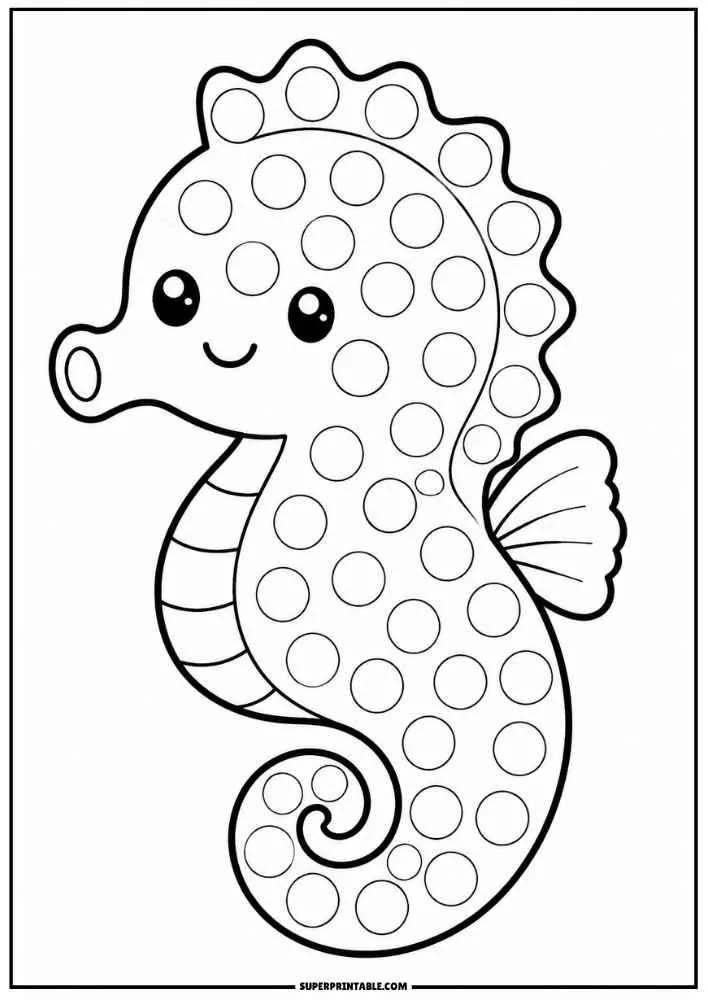 Smiling seahorse with dot marker circles and a curled tail.