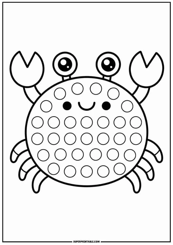 Cute crab with raised claws and dot marker circles.