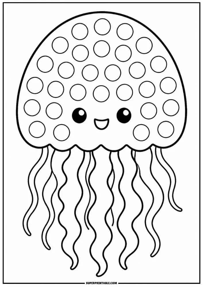 Cute jellyfish with dot marker circles and long wavy tentacles.