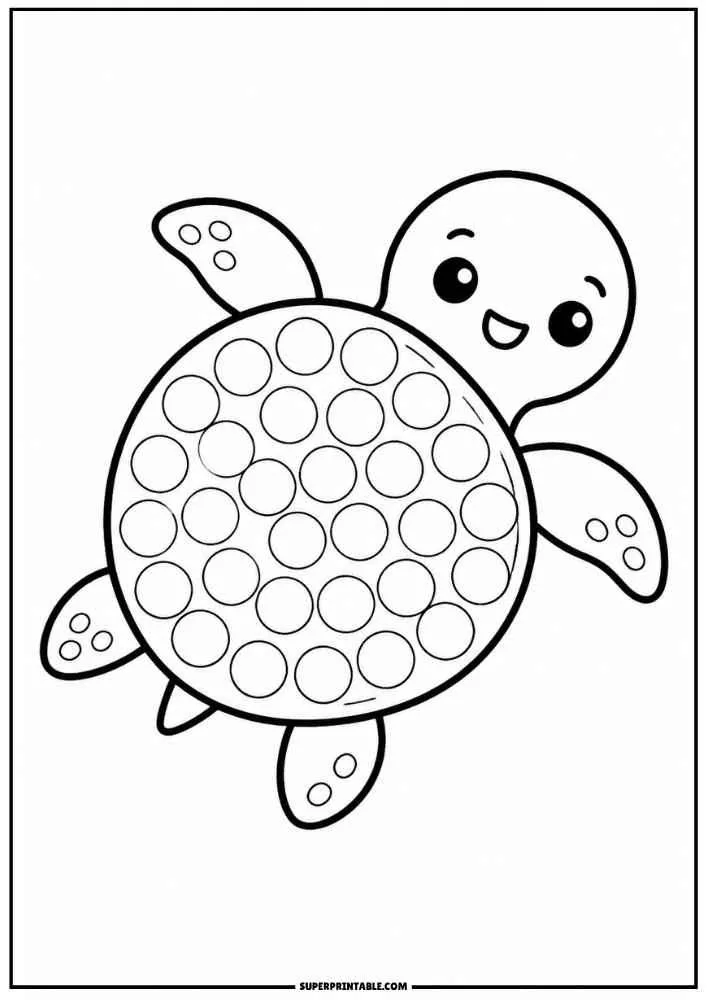 Cute sea turtle with a dotted shell on a black and white worksheet.