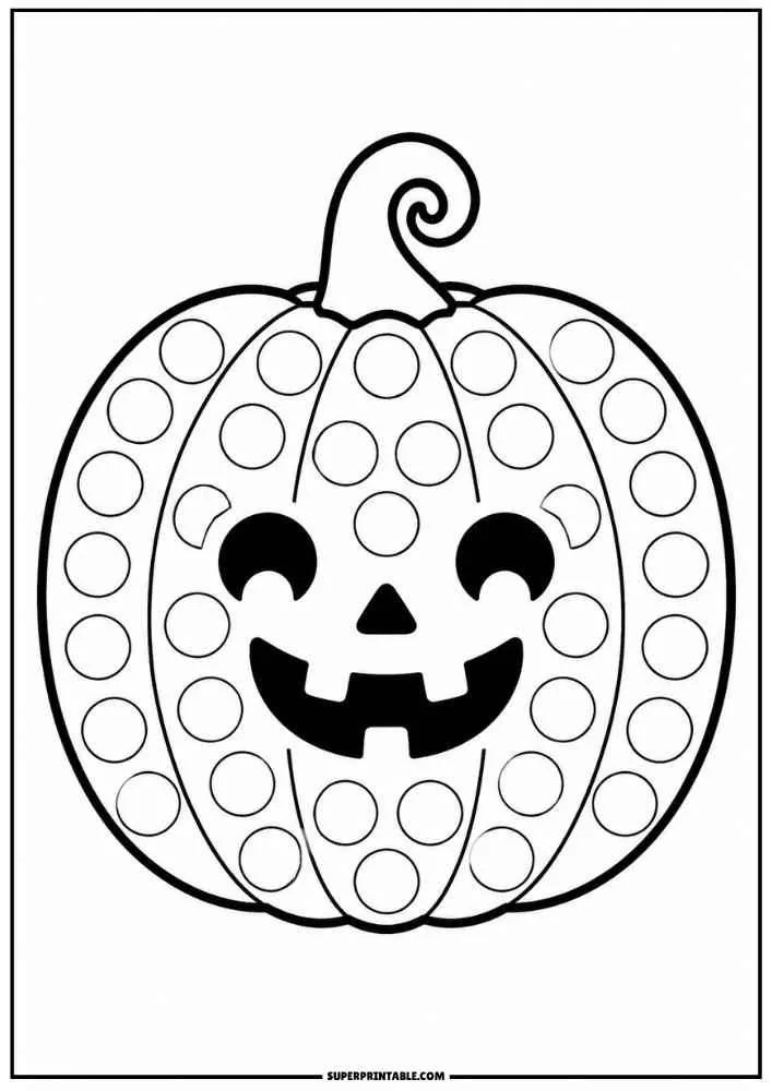 Smiling jack o lantern with dot circles and a curly stem.