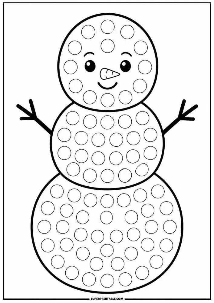 Smiling snowman with dot circles and stick arms.